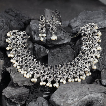 Black Stone studded German Silver Neckpiece set