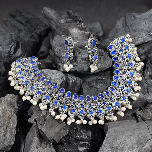 Blue Stone studded German Silver Neckpiece set