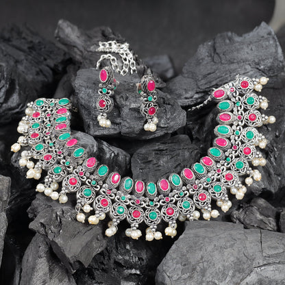 Multicolored Stone studded German Silver Neckpiece set