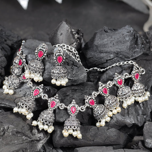 Red Stone studded German Silver Neckpiece set