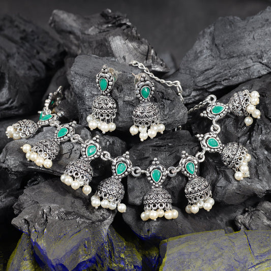 Green Stone studded German Silver Neckpiece set