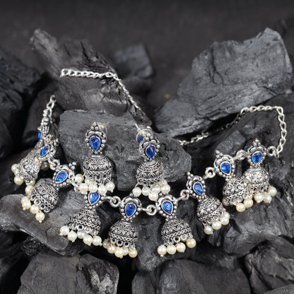 Blue Stone studded German Silver Neckpiece set