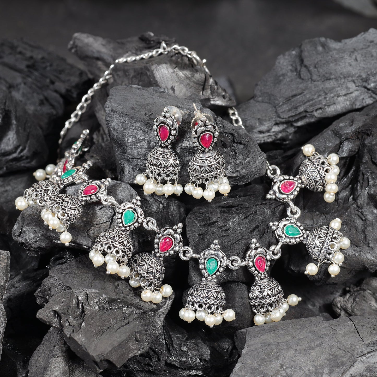 Multicolored Stone studded German Silver Neckpiece set