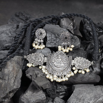 Black Stone studded Laxmi Motif German Silver Neckpiece set