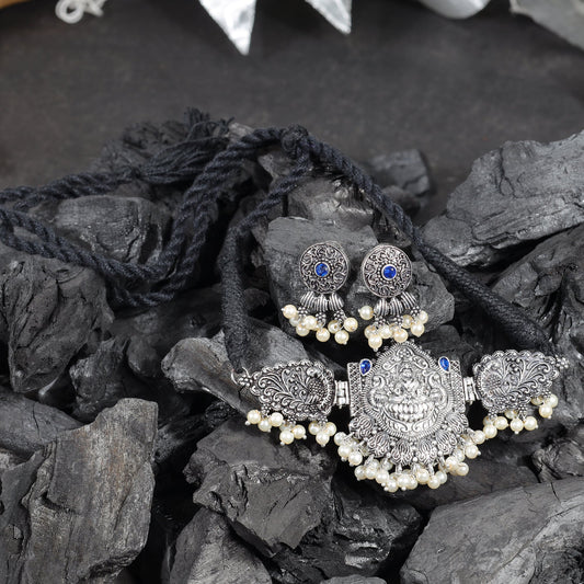 Blue Stone studded Laxmi Motif German Silver Neckpiece set