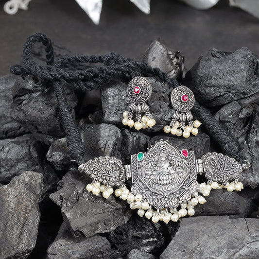 Multicolored Stone studded Laxmi Motif German Silver Neckpiece set