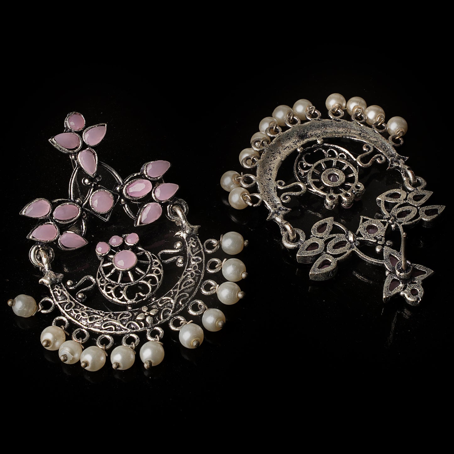 Baby Pink Stone Studded Beautiful Oxidised Danglers With Hanging Baby Pearls