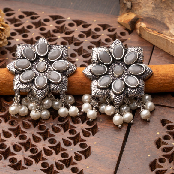 Grey Stone Studded Oxidised Earrings With Hanging Pearls