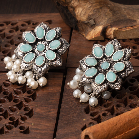 Mint Stone Studded Oxidised Earrings With Hanging Pearls