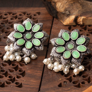 Pista Stone Studded Oxidised Earrings With Hanging Pearls