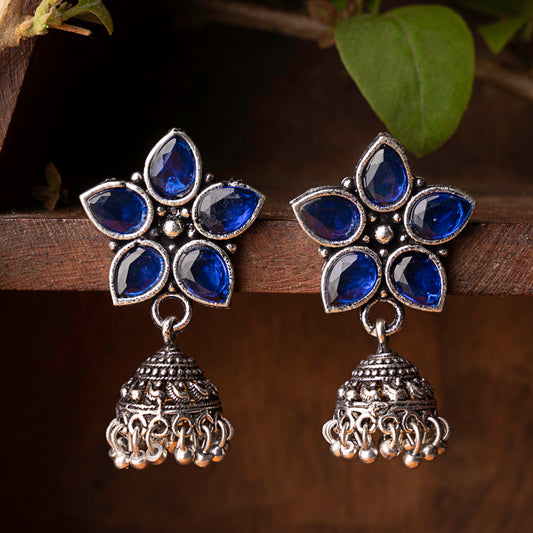 Blue Stone Studded Oxidised Dangler With Hanging Jhumki Earrings