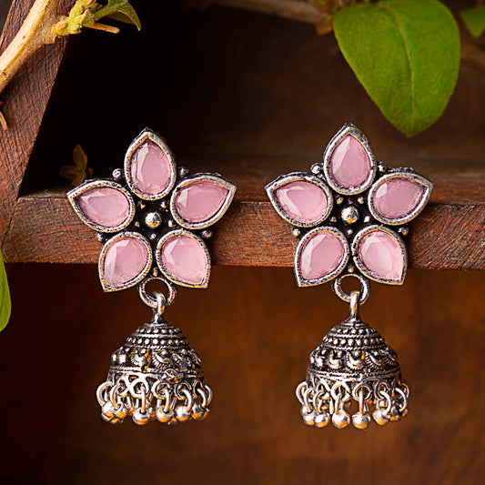 Baby Pink Stone Studded Oxidised Dangler With Hanging Jhumki Earrings