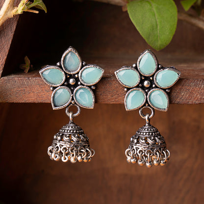 Mint Stone Studded Oxidised Dangler With Hanging Jhumki Earrings