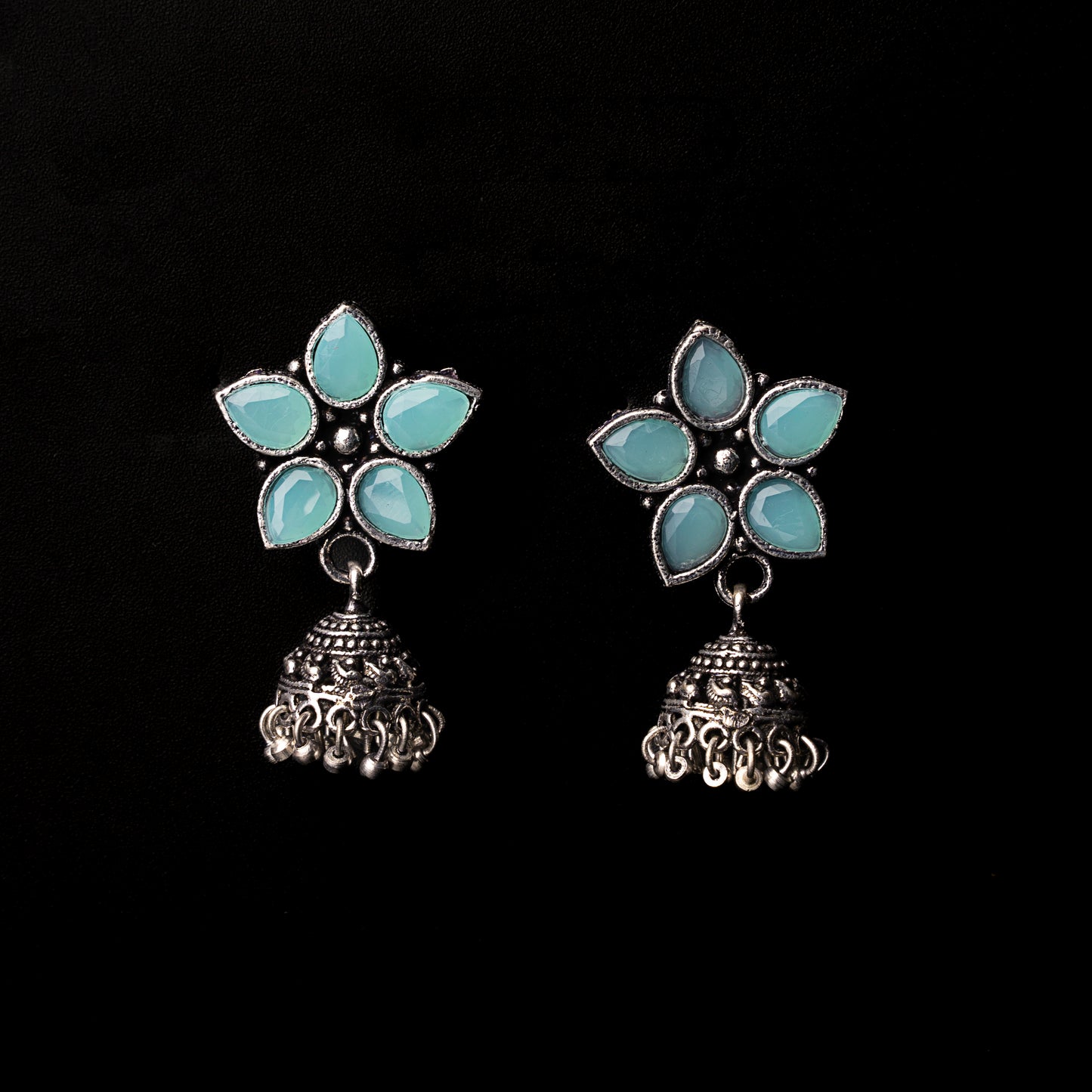 Mint Stone Studded Oxidised Dangler With Hanging Jhumki Earrings