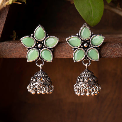 Pista Stone Studded Oxidised Dangler With Hanging Jhumki Earrings