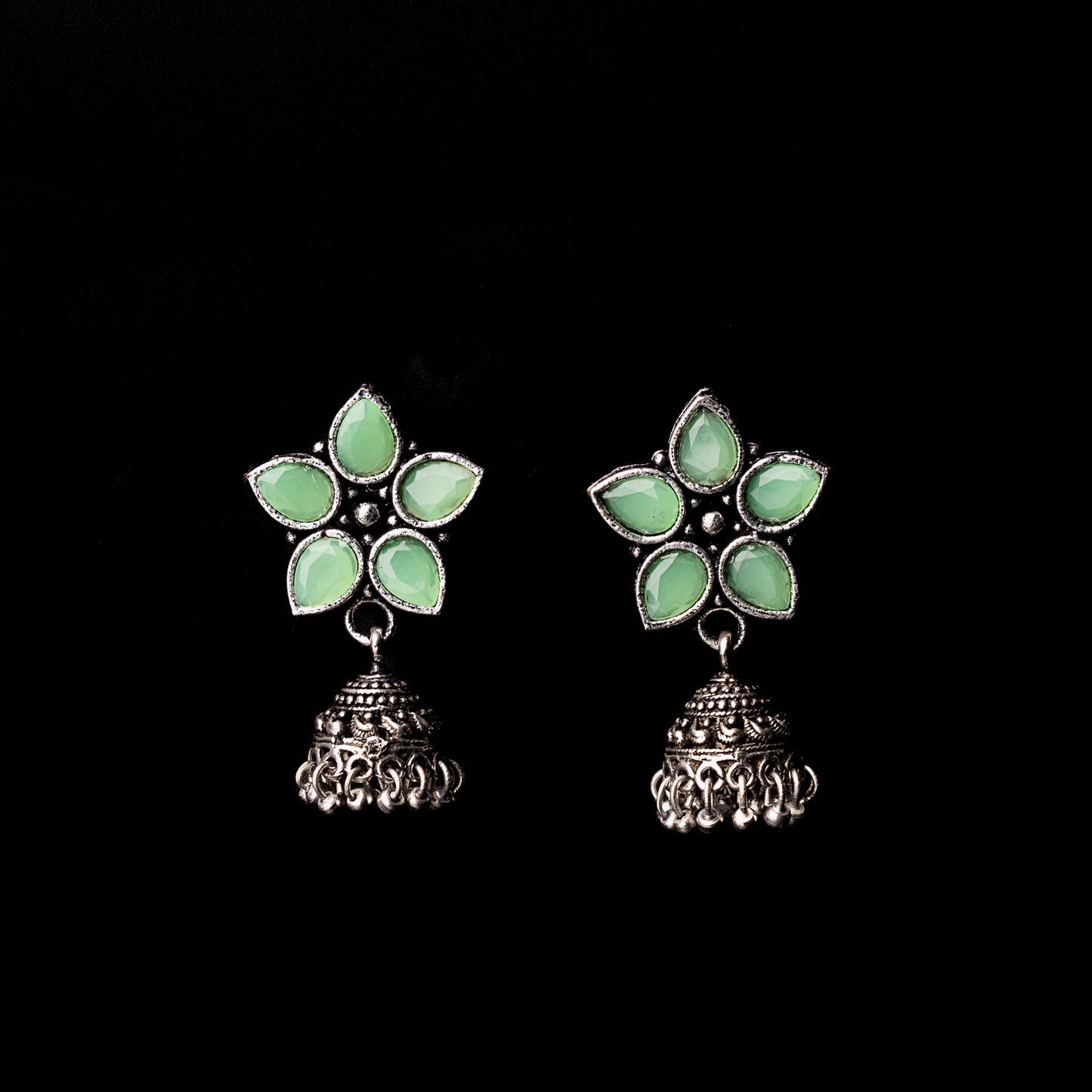 Pista Stone Studded Oxidised Dangler With Hanging Jhumki Earrings