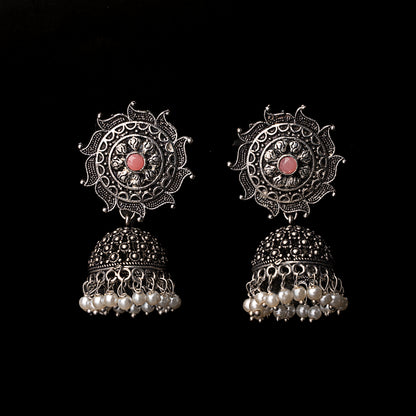 Baby Pink Stone Studded German Silver Statement Earrings With Brass Jhumki