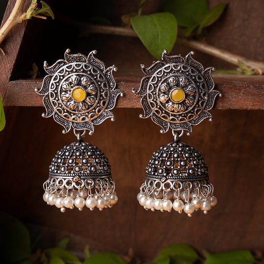 Yellow Stone Studded German Silver Statement Earrings With Brass Jhumki