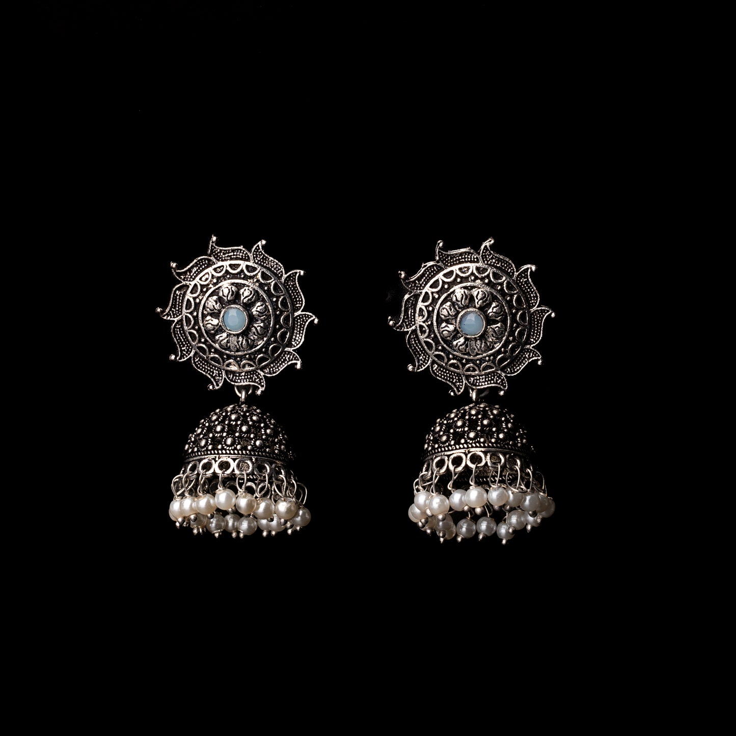 Mint Stone Studded German Silver Statement Earrings With Brass Jhumki