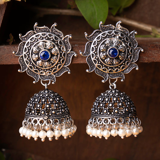 Blue Stone Studded German Silver Statement Earrings With Brass Jhumki