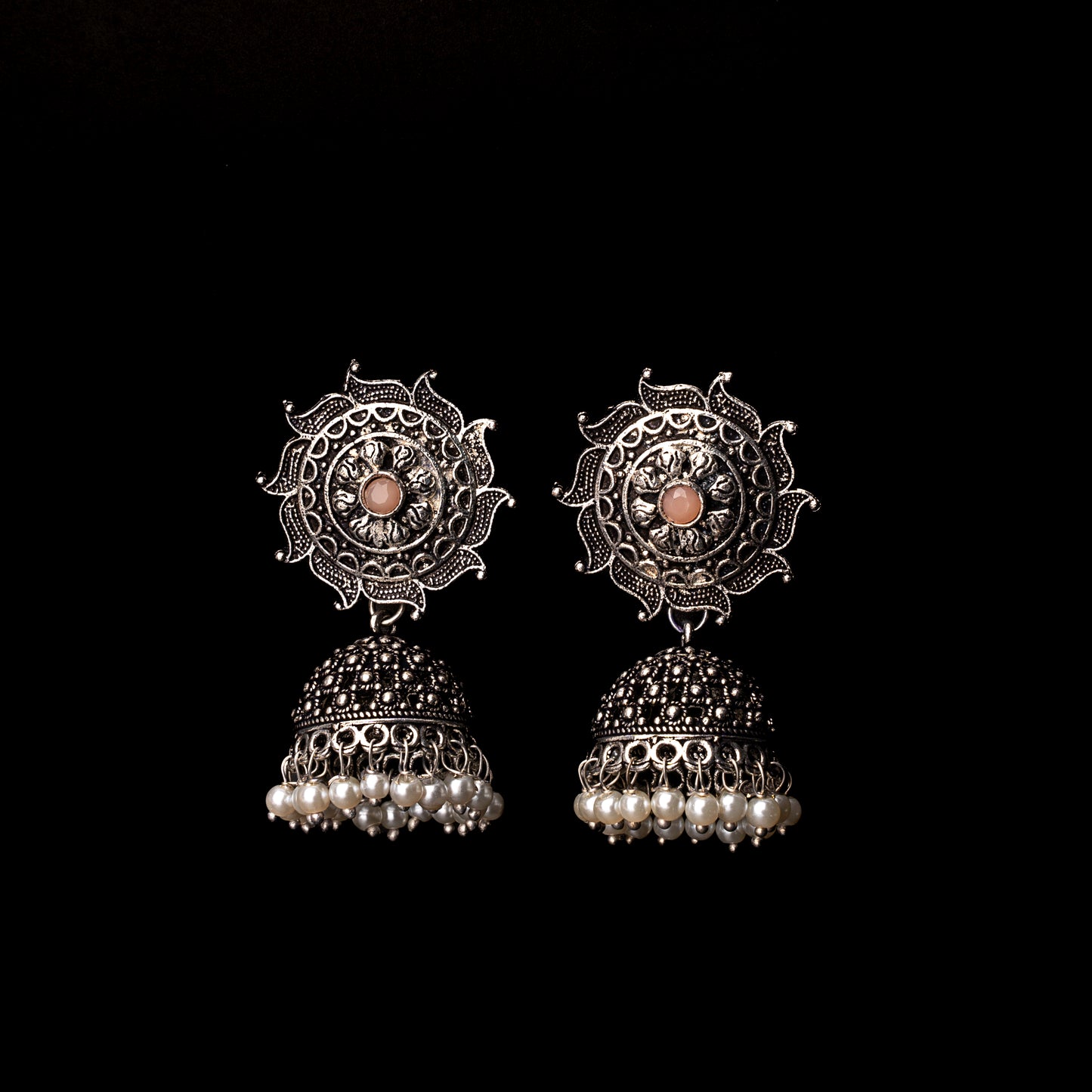 Light Orangish Stone Studded German Silver Statement Earrings With Brass Jhumki