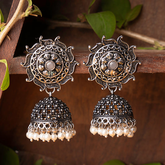 Grey Stone Studded German Silver Statement Earrings With Brass Jhumki