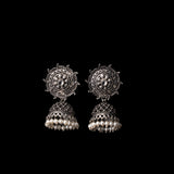 White Stone Studded German Silver Statement Earrings With Brass Jhumki