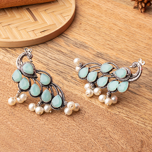 Mint Stone Studded Peacock Shaped Earrings With Hanging Pearls