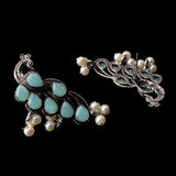 Mint Stone Studded Peacock Shaped Earrings With Hanging Pearls