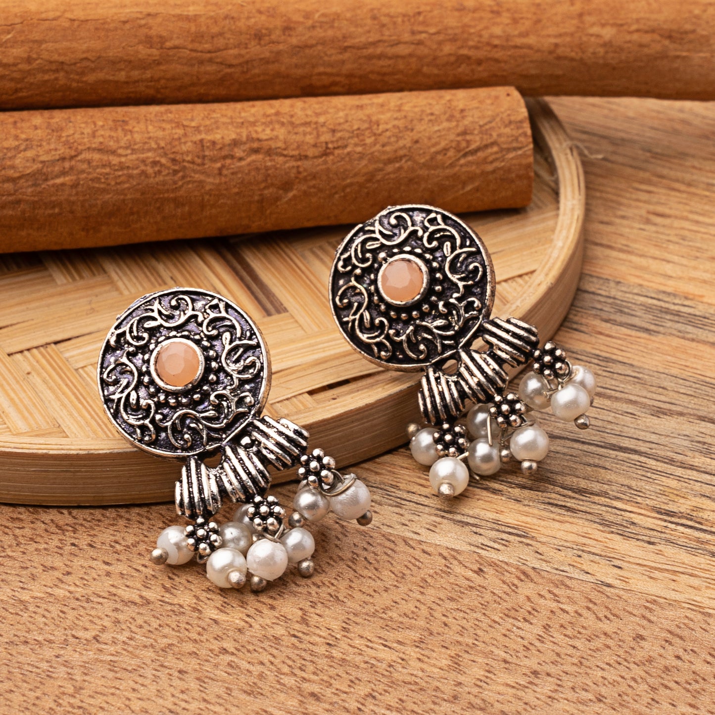 Light Orangish Stone Studded Elegant Oxidised Stud Earrings