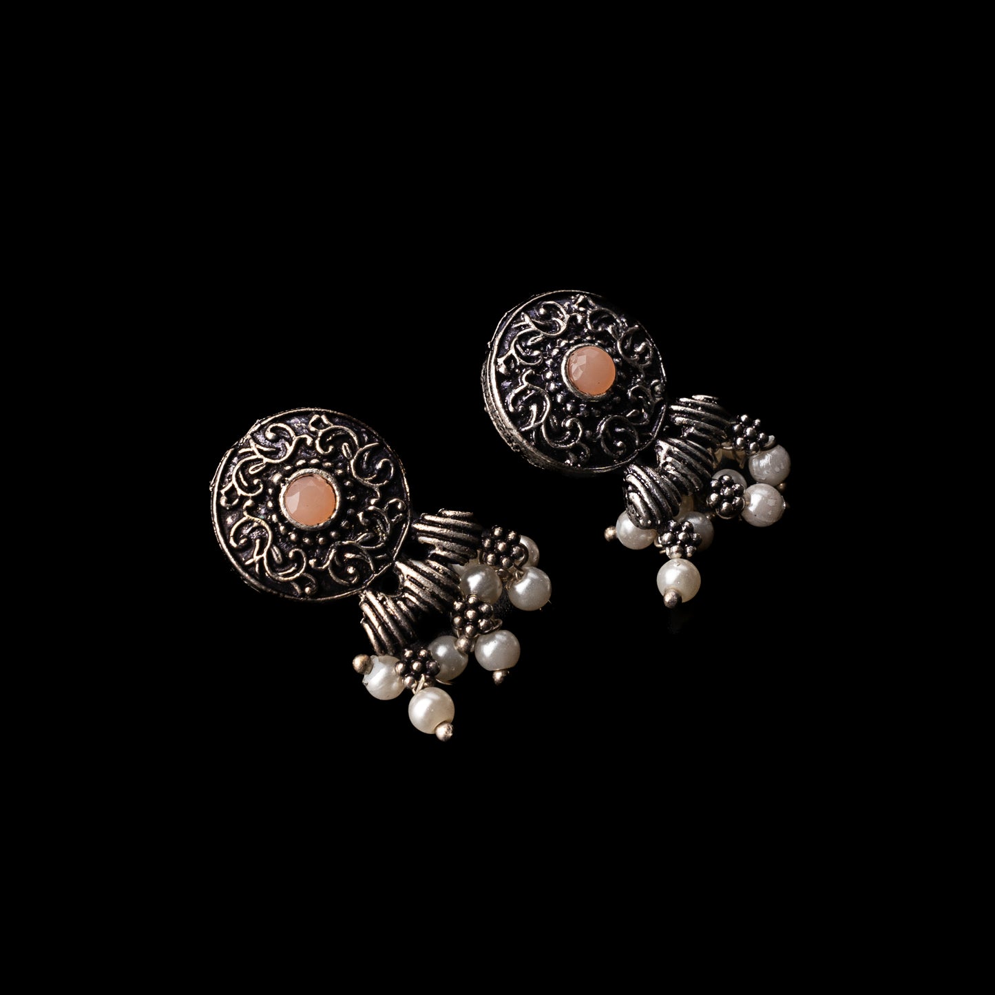 Light Orangish Stone Studded Elegant Oxidised Stud Earrings