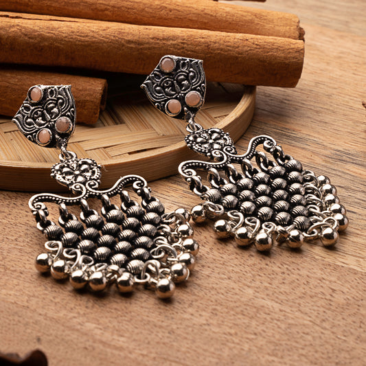 Light Orangish Stone Studded Intricate Oxidised Dangler Earrings