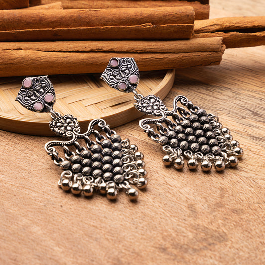 Baby Pink Stone Studded Intricate Oxidised Dangler Earrings