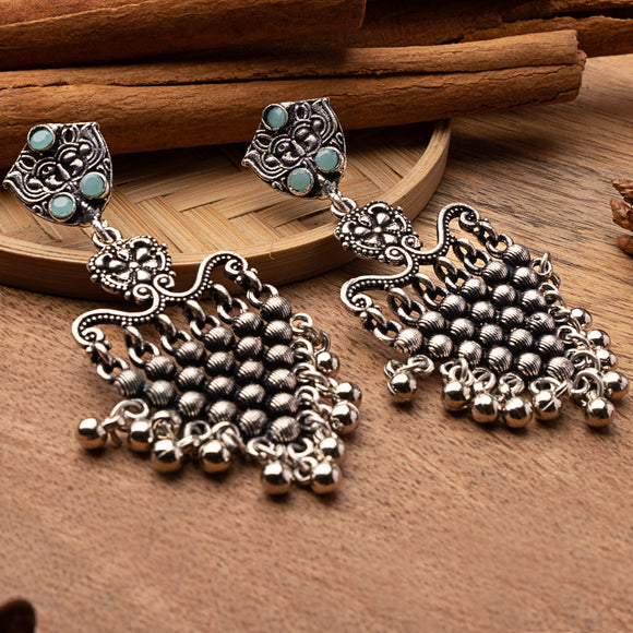 Mint Stone Studded Intricate Oxidised Dangler Earrings