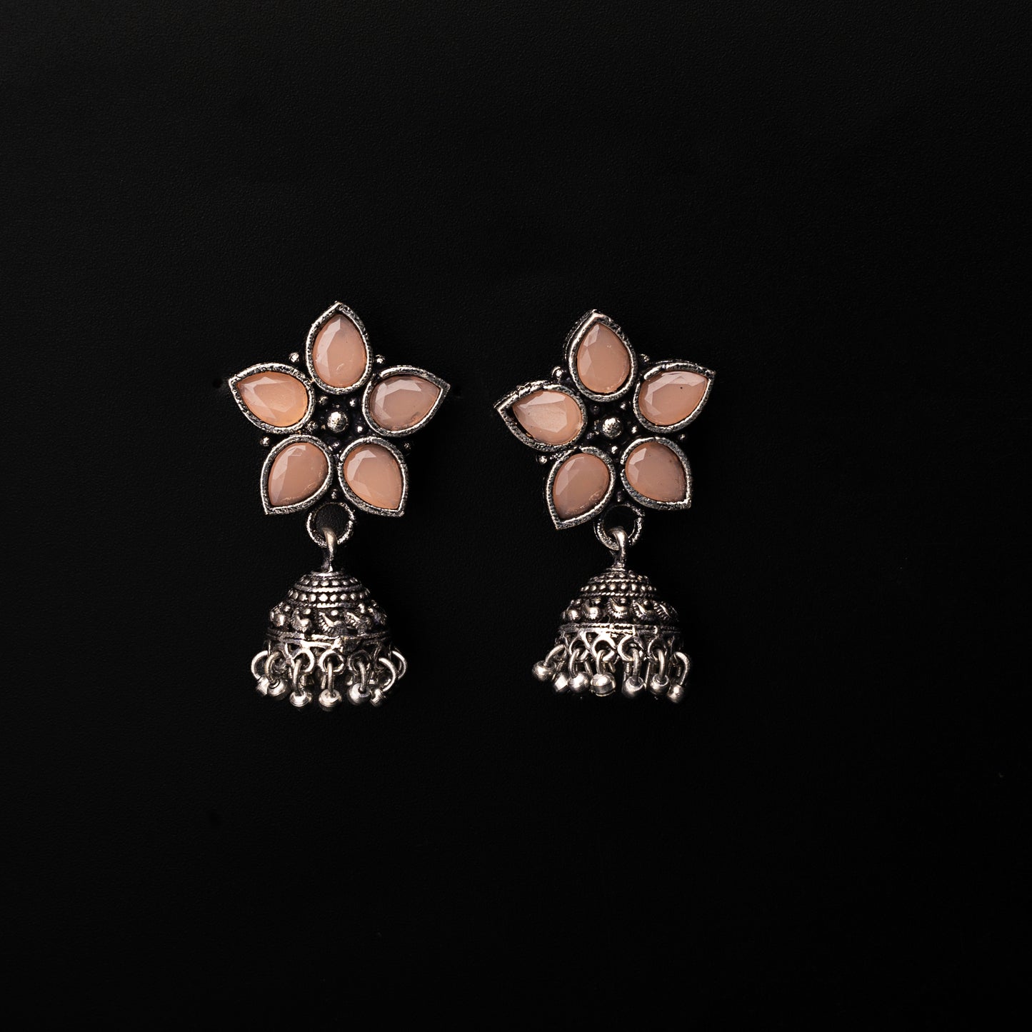 Light Orangish Stone Studded Oxidised Dangler With Hanging Jhumki Earrings