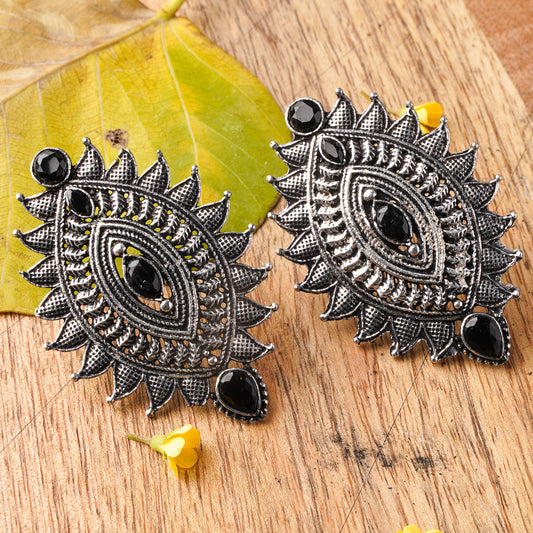 Black Stone Studded Oval Shaped Oxidised Earrings