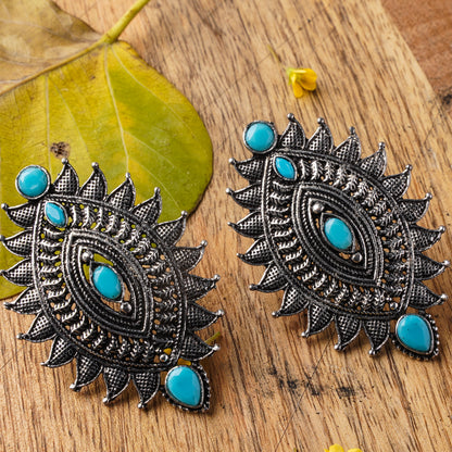 Sky Blue Stone Studded Oval Shaped Oxidised Earrings