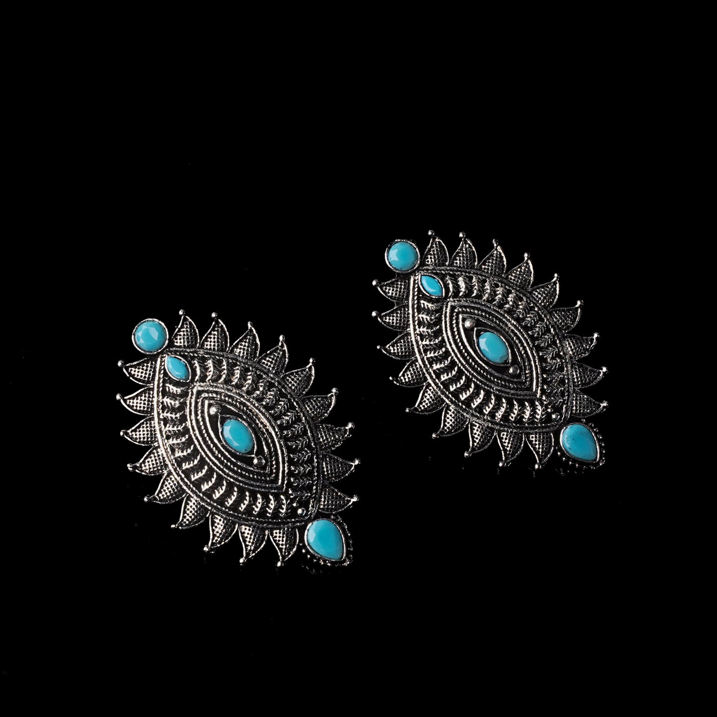 Sky Blue Stone Studded Oval Shaped Oxidised Earrings