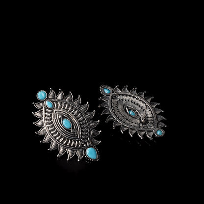 Sky Blue Stone Studded Oval Shaped Oxidised Earrings