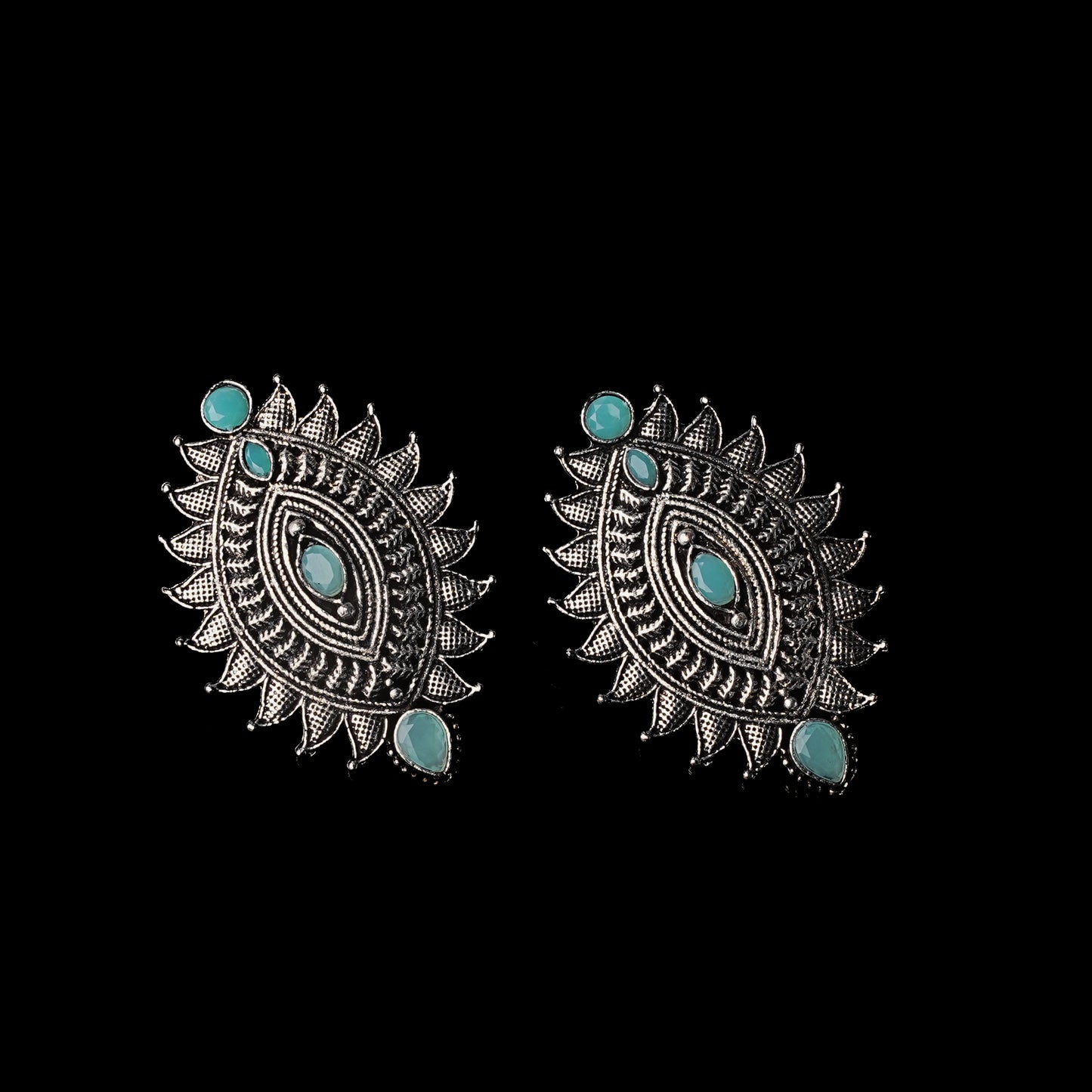 Mint Stone Studded Oval Shaped Oxidised Earrings