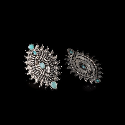 Mint Stone Studded Oval Shaped Oxidised Earrings