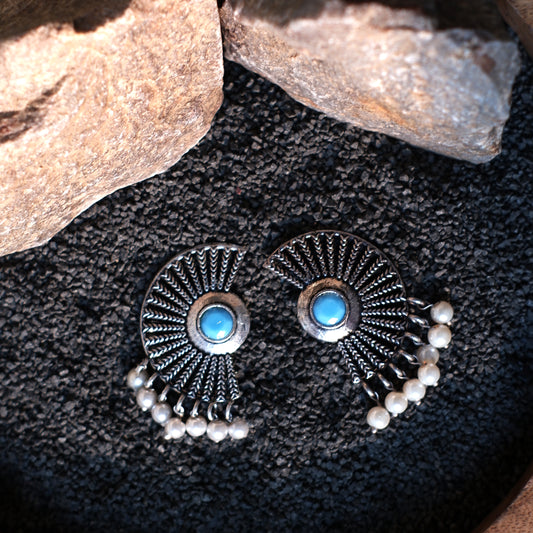 Sky Blue Stone Studded Oxidised Earrings With Hanging Pearls