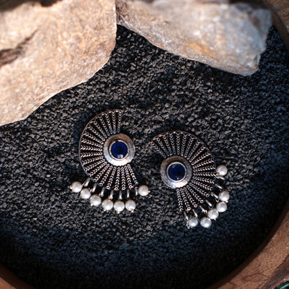 Blue Stone Studded Oxidised Earrings With Hanging Pearls