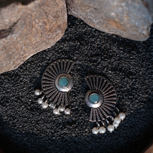 Mint Stone Studded Oxidised Earrings With Hanging Pearls