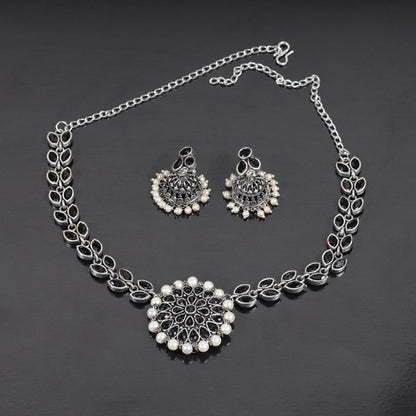 Black Stone studded German Silver Neckpiece set