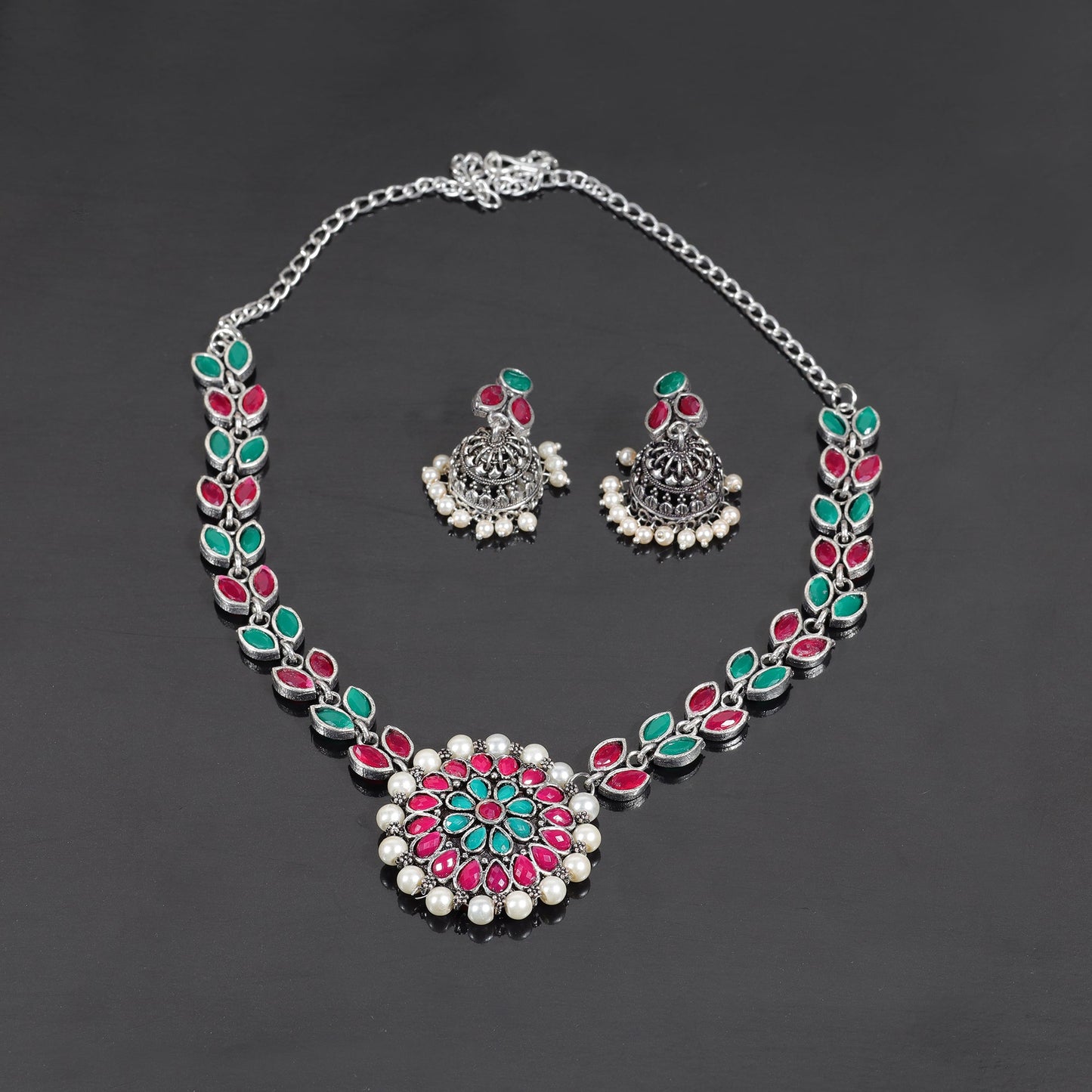 Multicolored Stone studded German Silver Neckpiece set