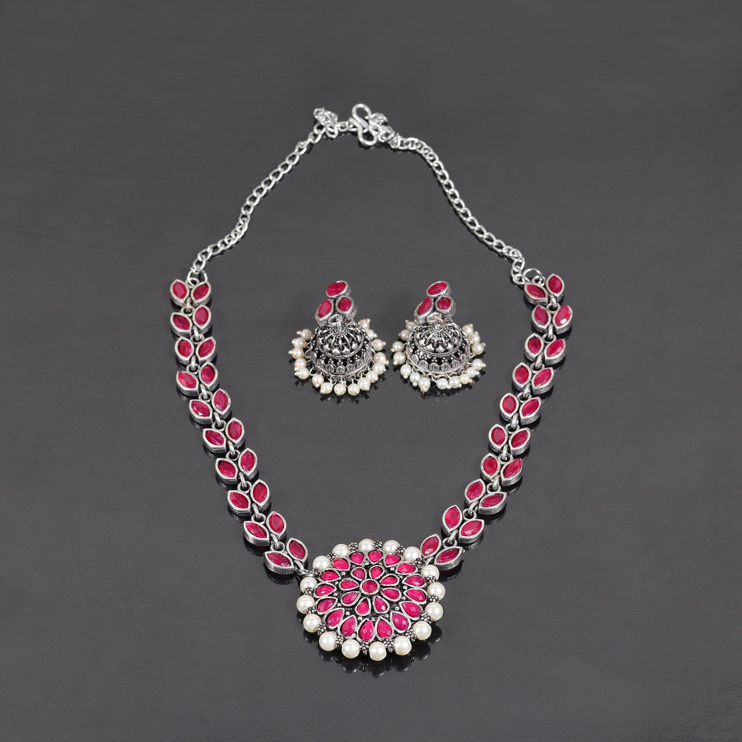 Red Stone studded German Silver Neckpiece set