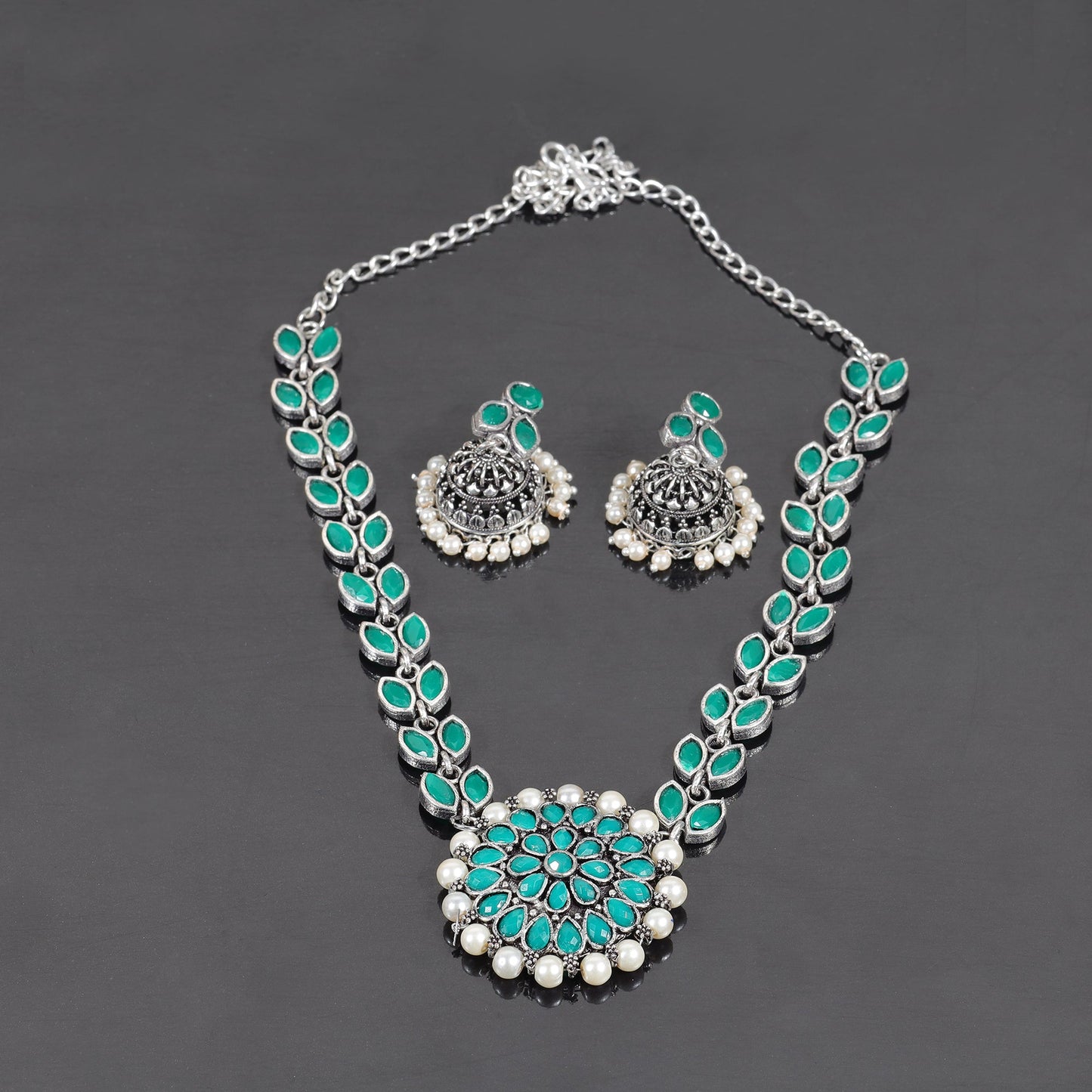 Green Stone studded German Silver Neckpiece set