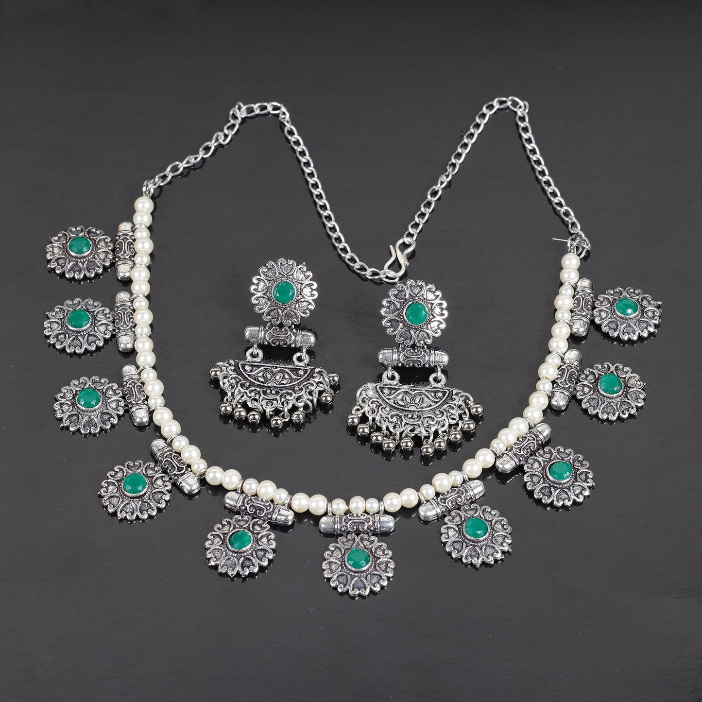 Green Stone studded German Silver Neckpiece set