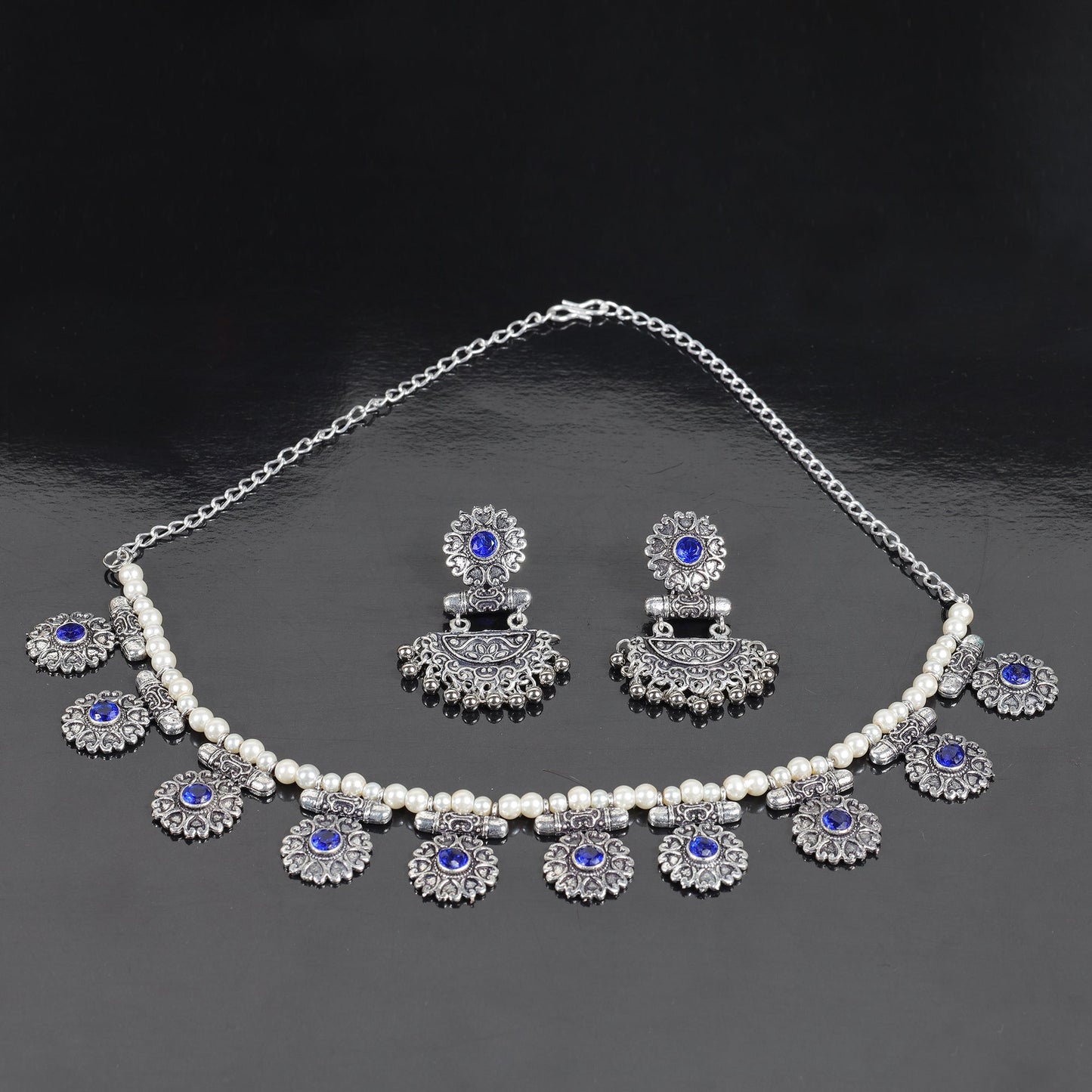 Blue Stone studded German Silver Neckpiece set